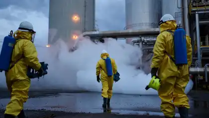 Trabajadores con trajes para materiales peligrosos respondiendo a una fuga química industrial en una instalación