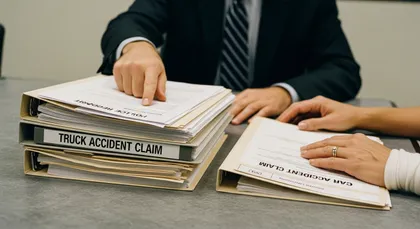 Truck accident injury lawyer reviewing claim files and evidence