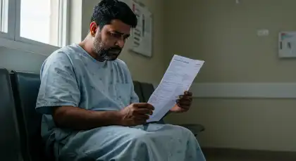 Víctima lesionada de accidente de tráfico revisando las facturas médicas para una reclamación por daños personales