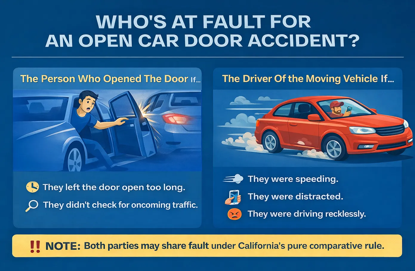 Who may be at fault when a car door opens into traffic in California