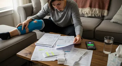 Woman reviewing medical bills and paperwork while recovering from a knee injury