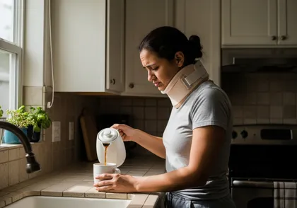 Woman wearing neck brace at home recovering from car accident injury