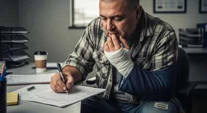 Worker with a hand injury reviewing paperwork and signing forms in an office