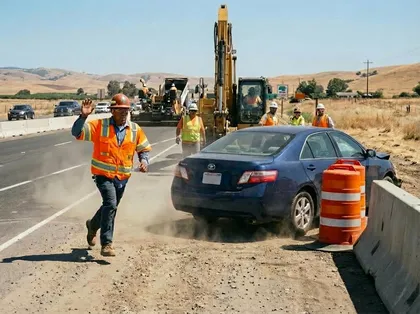 A construction worker signals as a car crash occurs near roadwork signs