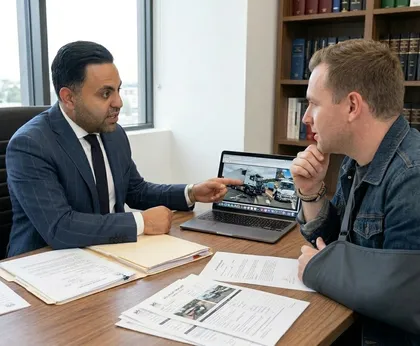 A lawyer showing a client a photo of a truck accident while discussing the case in the office