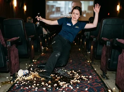 A theater worker loses balance while cleaning up spilled snacks in the aisle