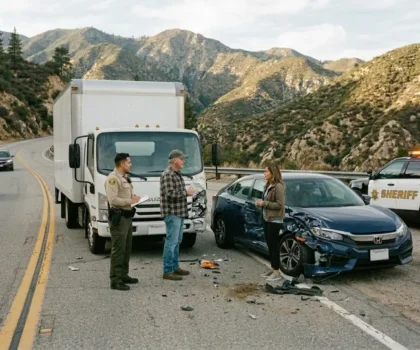 A truck accident on a mountain road with a police officer investigating the scene and a woman speaking with the driver