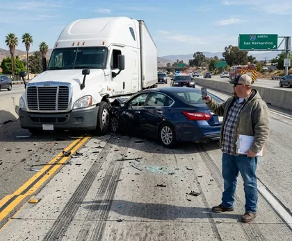 A truck and car involved in an accident on the freeway, with a man recording evidence of the crash