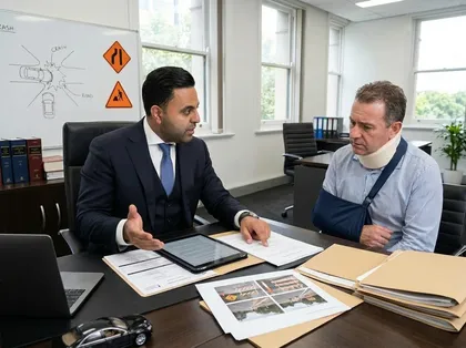 Attorney explaining details of a construction-related car accident to a client with an arm injury