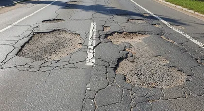 Baches y pavimento agrietado que crean condiciones peligrosas en la carretera que provocan colisiones