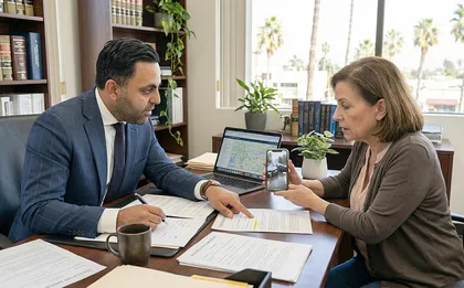 California personal injury lawyer explaining rain accident liability to an injured client