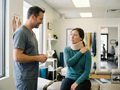 Car accident victim in neck brace talking to healthcare provider about recovery from a traffic accident
