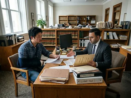 Client with arm in a sling discussing legal matters with lawyer after being injured in a crash