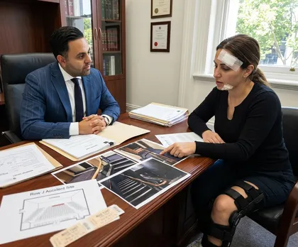 Client with facial and leg injuries from a movie theater accident consulting with attorney over evidence and incident site photos