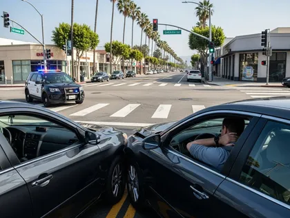 Colisión de dos coches en un cruce con el conductor sujetándose el cuello por el dolor