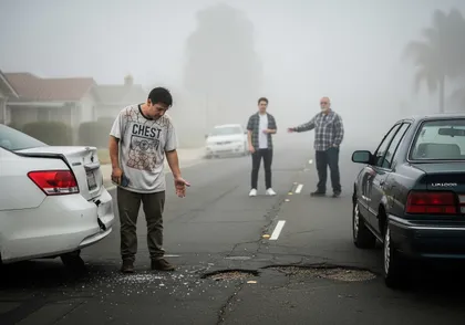 Conductores inspeccionando los daños del vehículo tras un accidente de tráfico en una carretera residencial con niebla