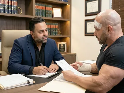 Construction vehicle accident victim with serious injuries consulting a personal injury lawyer