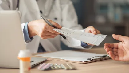 Doctor handing a prescription to a patient after a car accident injury consultation