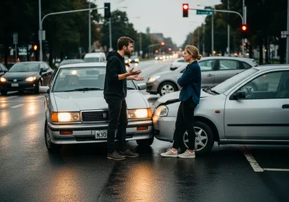 Dos conductores discuten tras un accidente de tráfico en un semáforo de la ciudad