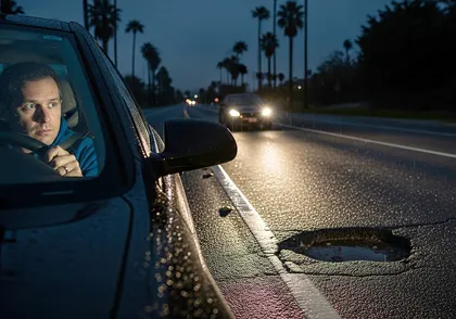 Driver practicing defensive driving care, caution, and courtesy at night