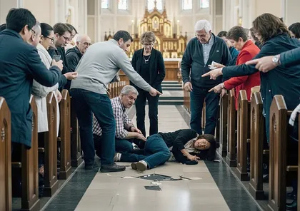 Escena de resbalón y caída en una iglesia en la que se muestran testigos y pruebas para una reclamación por responsabilidad de los locales