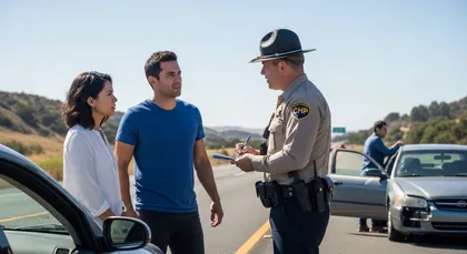 Escena de un accidente de autopista con un agente de policía determinando la responsabilidad del accidente de coche compartido