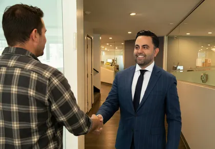 Experienced truck accident attorney welcoming new client and offering legal help after trucking accident claim