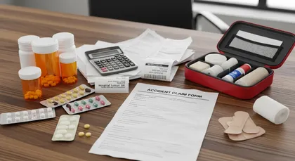 Facturas médicas, recetas y papeleo de reclamación por accidente organizados para el caso de indemnización por lesiones personales