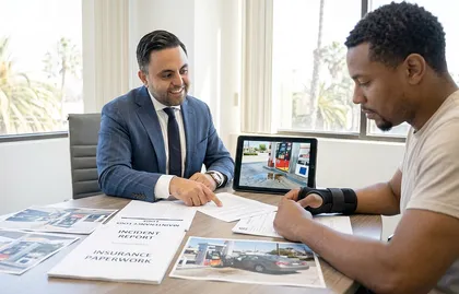 Gas station injury victim reviewing evidence and insurance paperwork with a personal injury lawyer