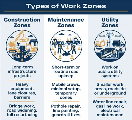 Guide to different types of work zones with construction, maintenance, and utility project visuals