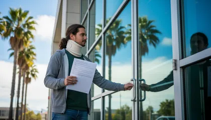 Hombre con un collarín acercándose a un bufete de abogados con papeles de reclamación por lesiones