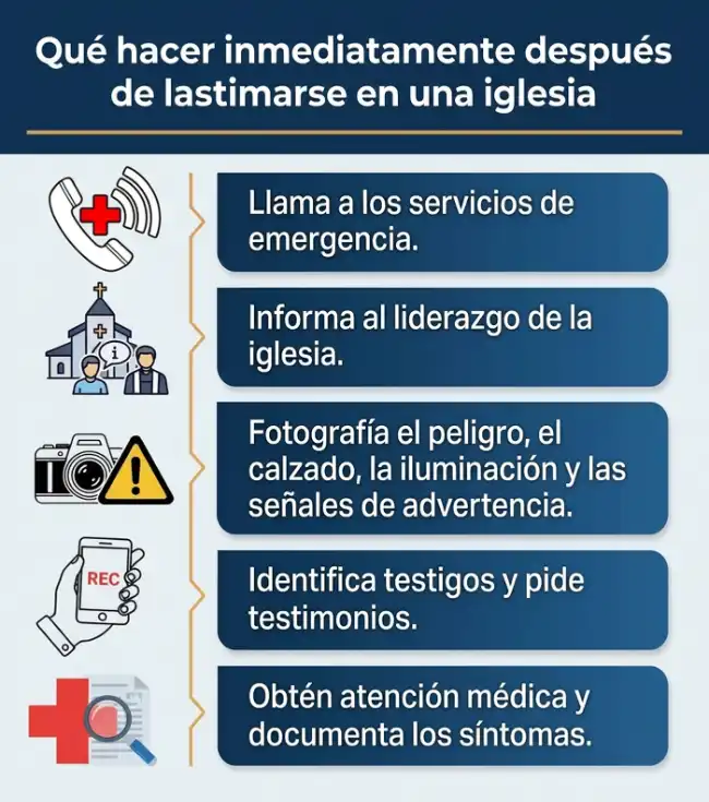 Infografía en la que se describen los pasos a seguir tras una lesión en la iglesia llame al 911 informe del incidente documente los peligros reúna a los testigos y busque atención médica