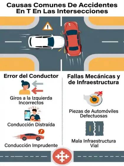 Infografía que muestra las causas habituales de los accidentes en T en las intersecciones