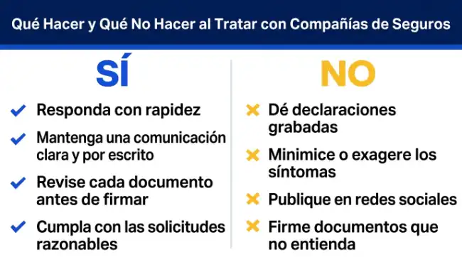 Infografía sobre lo que debe y no debe hacer para tratar con el seguro tras una lesión