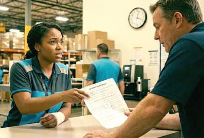 Injured employee reporting a workplace injury to a supervisor for workers’ compensation