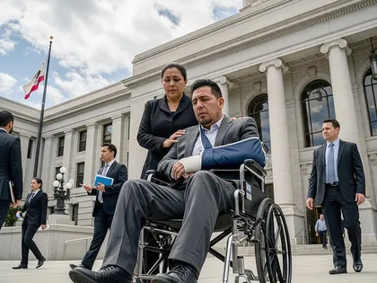 Injured pedestrian in wheelchair outside courthouse establishing liability