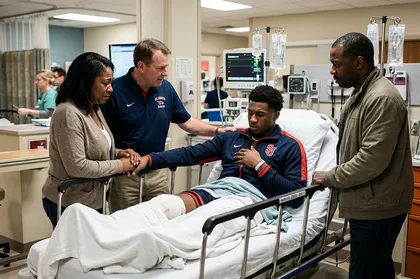 Injured sports player being treated in a hospital emergency department