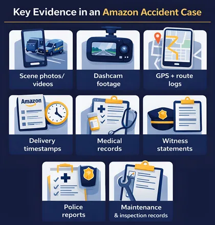 Key evidence needed in an Amazon accident case, highlighting dashcam footage and medical records