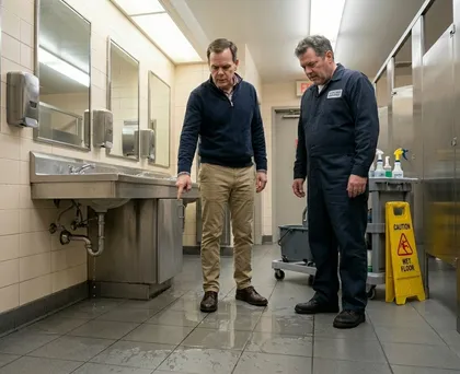 Man and maintenance worker discussing wet floor hazard in a bathroom