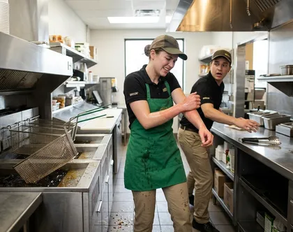 McDonald's employees in the kitchen with one suffering from a hot oil burn