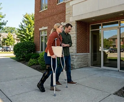 McDonald's worker using crutches after suffering a leg injury in the workplace