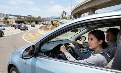 New driver learning safe freeway merging to avoid a car accident