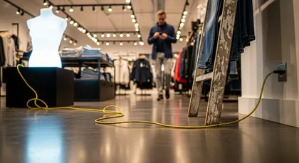 Pasillo de la tienda con un cable eléctrico suelto que crea peligro de tropiezo
