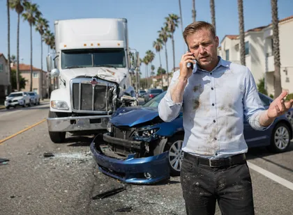 Person involved in truck accident speaking on the phone about the damage to his car and the surrounding scene