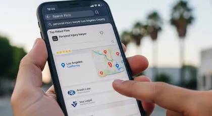 Persona buscando un bufete de abogados de lesiones personales en un teléfono con un mapa del condado de Los Ángeles