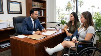 Personal injury lawyer advising an injured freeway accident victim during a claim consultation