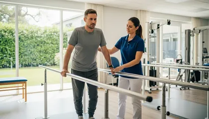 Physical therapist helping a patient with mobility recovery after a DUI-related car crash
