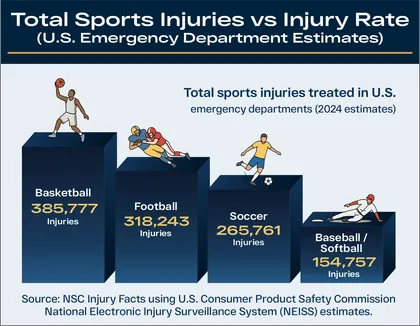 Public safety graphic comparing total sports injuries treated in emergency departments across four popular sports