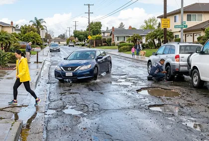 Rain-slick California street with potholes creating car and pedestrian accident hazards