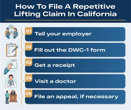 Steps to file a repetitive lifting claim in California